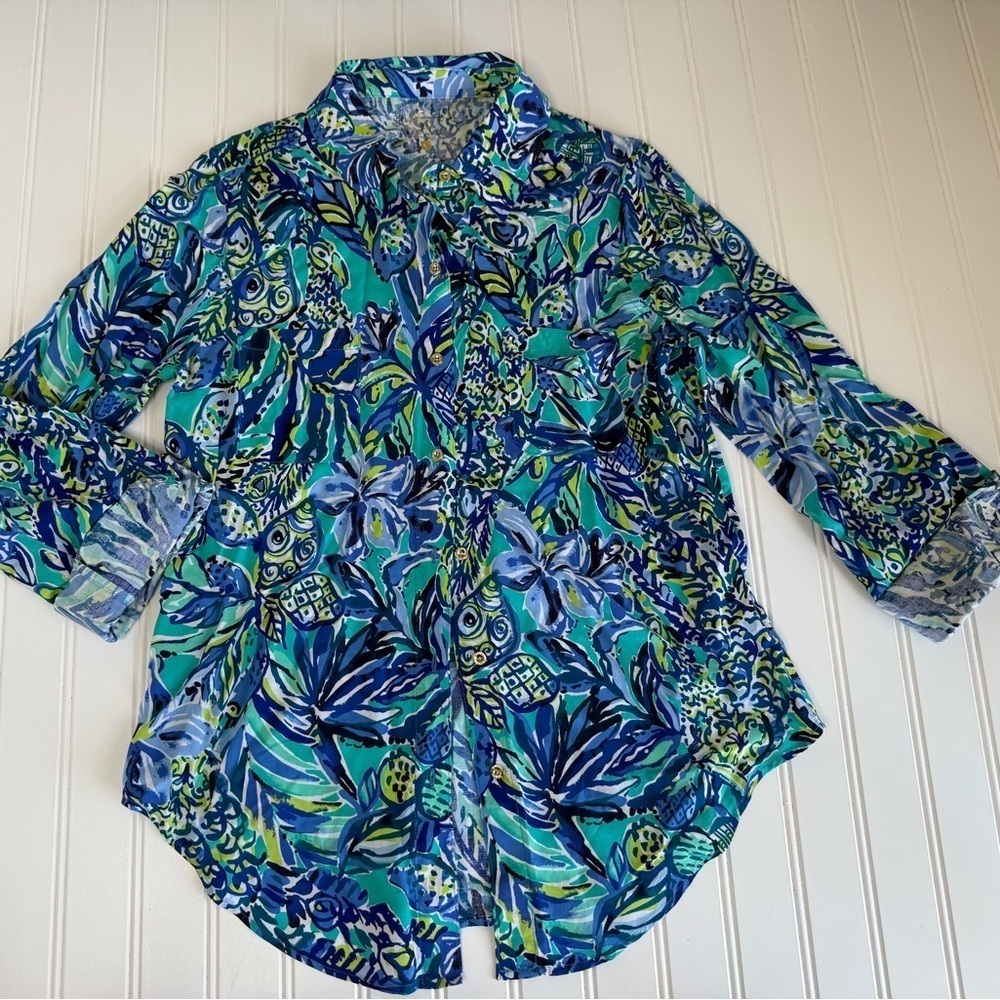 Lilly Pulitzer Sea View Rayon Voile Shirt Bright Navy Pineapple Party XS 1382
